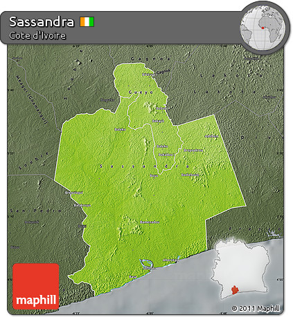 Physical Map of Sassandra, darken, semi-desaturated