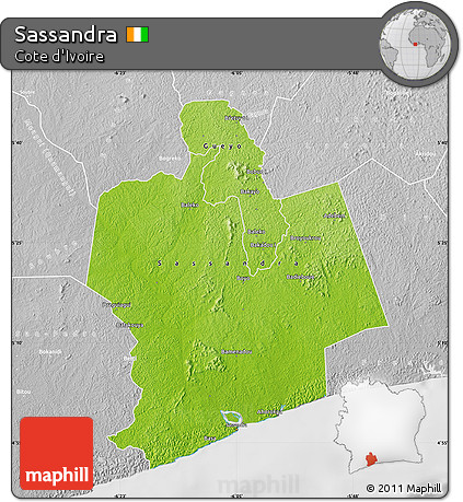 Physical Map of Sassandra, lighten, desaturated