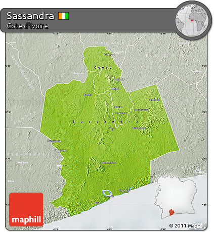 Physical Map of Sassandra, lighten, semi-desaturated