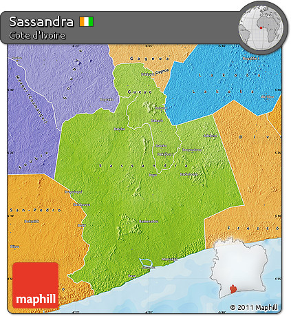 Physical Map of Sassandra, political shades outside