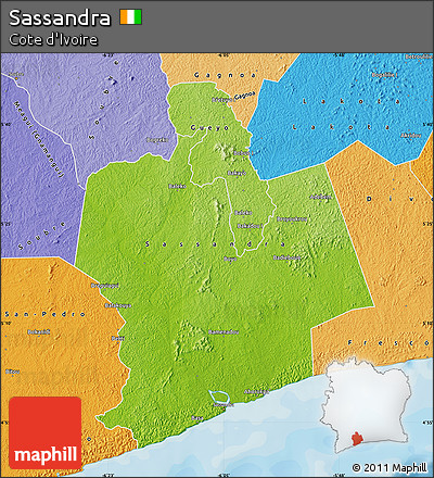 Physical Map of Sassandra, political shades outside