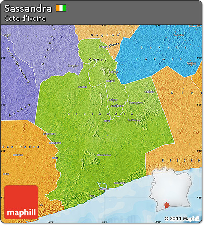Physical Map of Sassandra, political shades outside