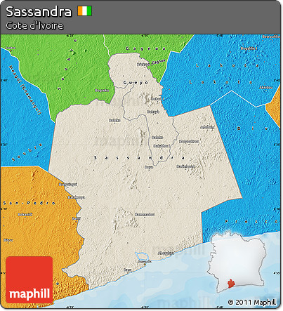 Shaded Relief Map of Sassandra, political outside