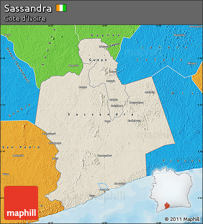 Shaded Relief Map of Sassandra, political outside