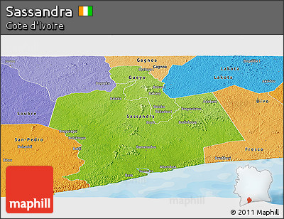 Physical Panoramic Map of Sassandra, political shades outside