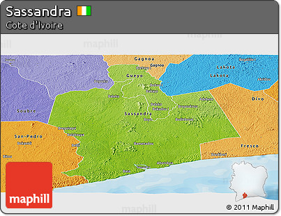 Physical Panoramic Map of Sassandra, political shades outside