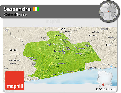 Physical Panoramic Map of Sassandra, shaded relief outside
