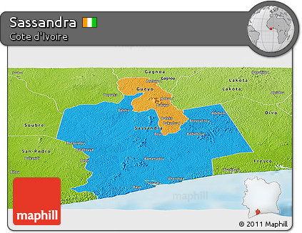 Political Panoramic Map of Sassandra, physical outside