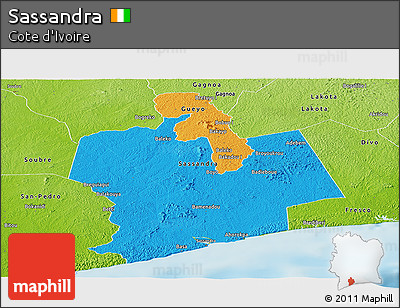 Political Panoramic Map of Sassandra, physical outside