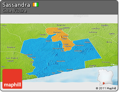 Political Panoramic Map of Sassandra, physical outside
