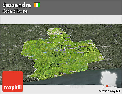 Satellite Panoramic Map of Sassandra, darken, semi-desaturated
