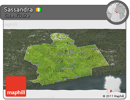 Satellite Panoramic Map of Sassandra, darken, semi-desaturated