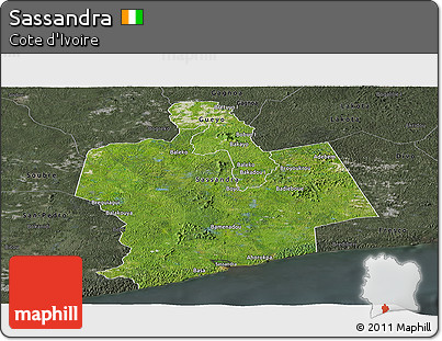 Satellite Panoramic Map of Sassandra, darken, semi-desaturated