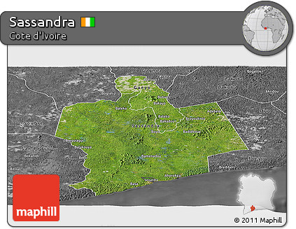 Satellite Panoramic Map of Sassandra, desaturated