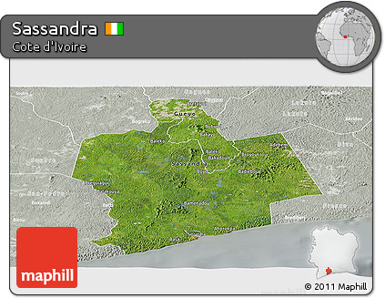 Satellite Panoramic Map of Sassandra, lighten, semi-desaturated