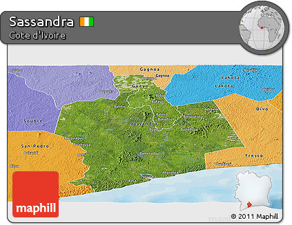 Satellite Panoramic Map of Sassandra, political shades outside