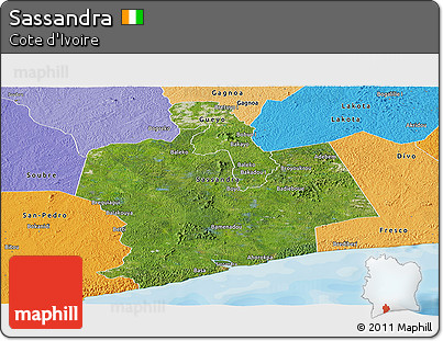 Satellite Panoramic Map of Sassandra, political shades outside