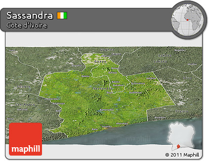 Satellite Panoramic Map of Sassandra, semi-desaturated