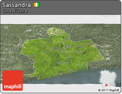 Satellite Panoramic Map of Sassandra, semi-desaturated