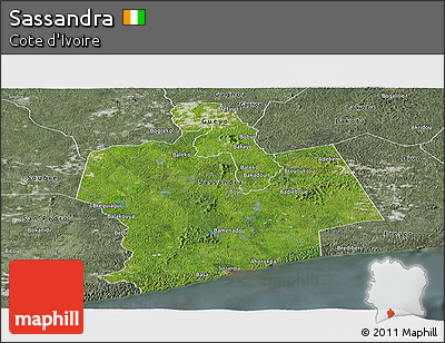 Satellite Panoramic Map of Sassandra, semi-desaturated