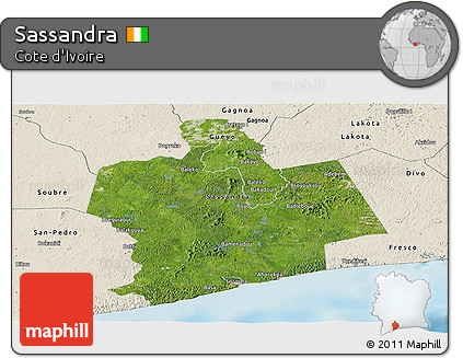 Satellite Panoramic Map of Sassandra, shaded relief outside