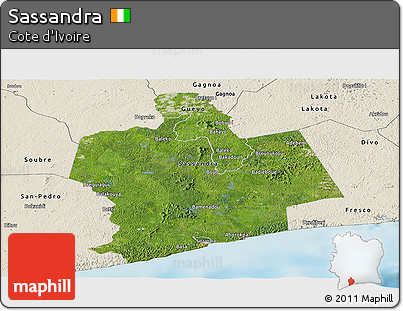 Satellite Panoramic Map of Sassandra, shaded relief outside