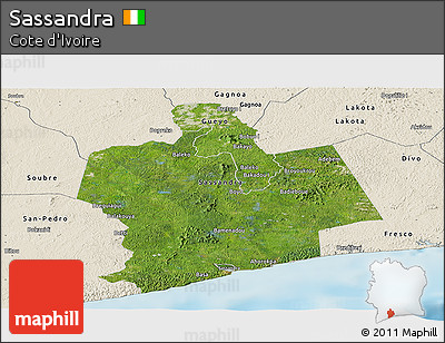 Satellite Panoramic Map of Sassandra, shaded relief outside