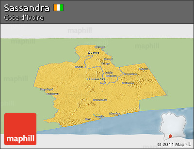 Savanna Style Panoramic Map of Sassandra, single color outside