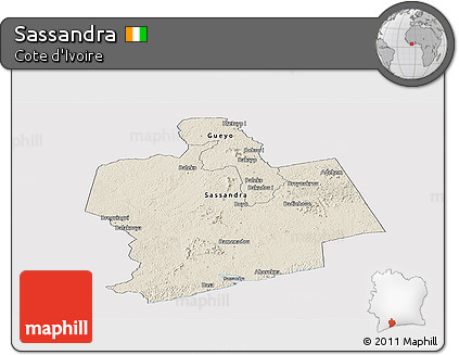 Shaded Relief Panoramic Map of Sassandra, cropped outside