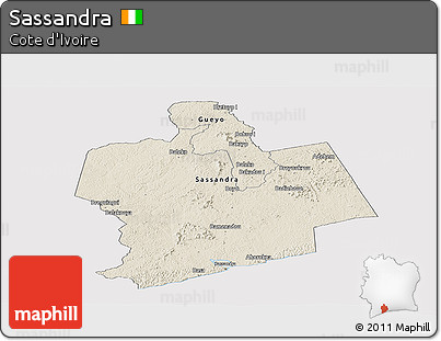 Shaded Relief Panoramic Map of Sassandra, cropped outside