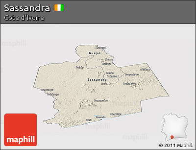 Shaded Relief Panoramic Map of Sassandra, cropped outside