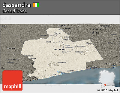 Shaded Relief Panoramic Map of Sassandra, darken