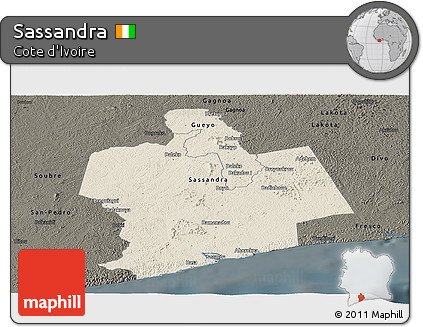 Shaded Relief Panoramic Map of Sassandra, darken
