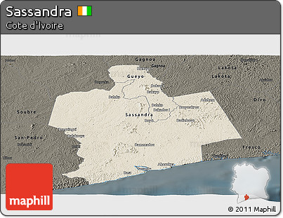 Shaded Relief Panoramic Map of Sassandra, darken