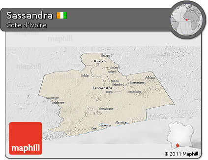 Shaded Relief Panoramic Map of Sassandra, lighten, desaturated