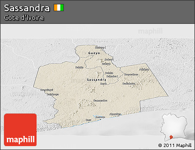 Shaded Relief Panoramic Map of Sassandra, lighten, desaturated
