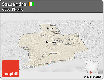 Shaded Relief Panoramic Map of Sassandra, lighten, desaturated