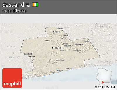 Shaded Relief Panoramic Map of Sassandra, lighten