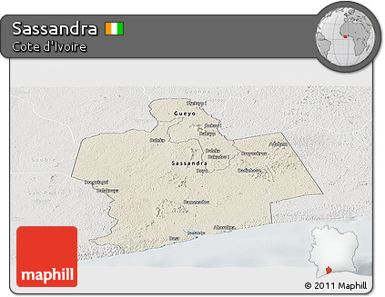 Shaded Relief Panoramic Map of Sassandra, lighten, semi-desaturated