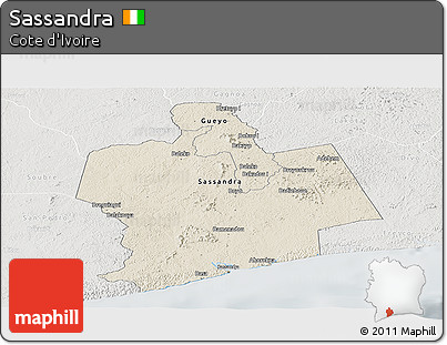 Shaded Relief Panoramic Map of Sassandra, lighten, semi-desaturated