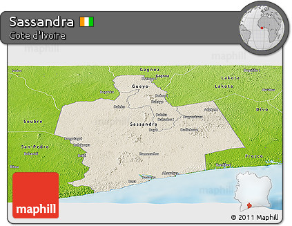 Shaded Relief Panoramic Map of Sassandra, physical outside
