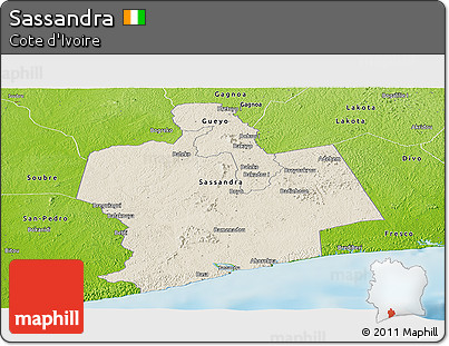 Shaded Relief Panoramic Map of Sassandra, physical outside