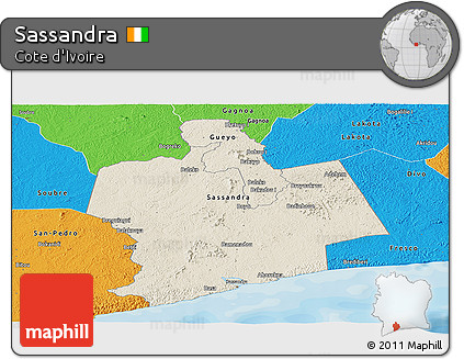 Shaded Relief Panoramic Map of Sassandra, political outside