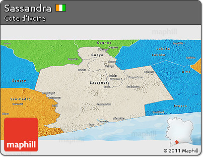Shaded Relief Panoramic Map of Sassandra, political outside