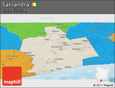 Shaded Relief Panoramic Map of Sassandra, political outside