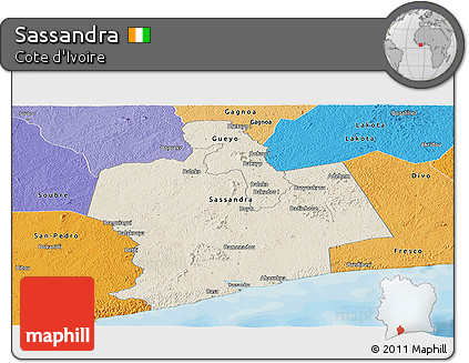 Shaded Relief Panoramic Map of Sassandra, political shades outside