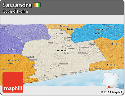 Shaded Relief Panoramic Map of Sassandra, political shades outside