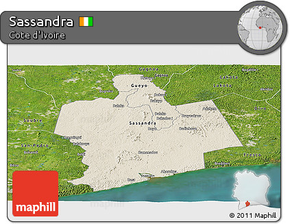Shaded Relief Panoramic Map of Sassandra, satellite outside