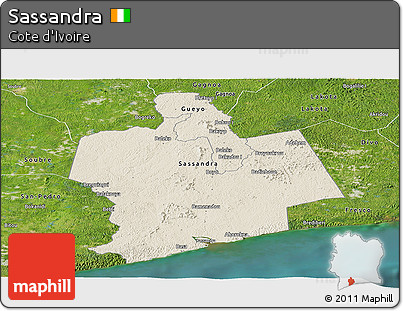 Shaded Relief Panoramic Map of Sassandra, satellite outside