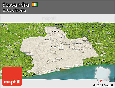 Shaded Relief Panoramic Map of Sassandra, satellite outside